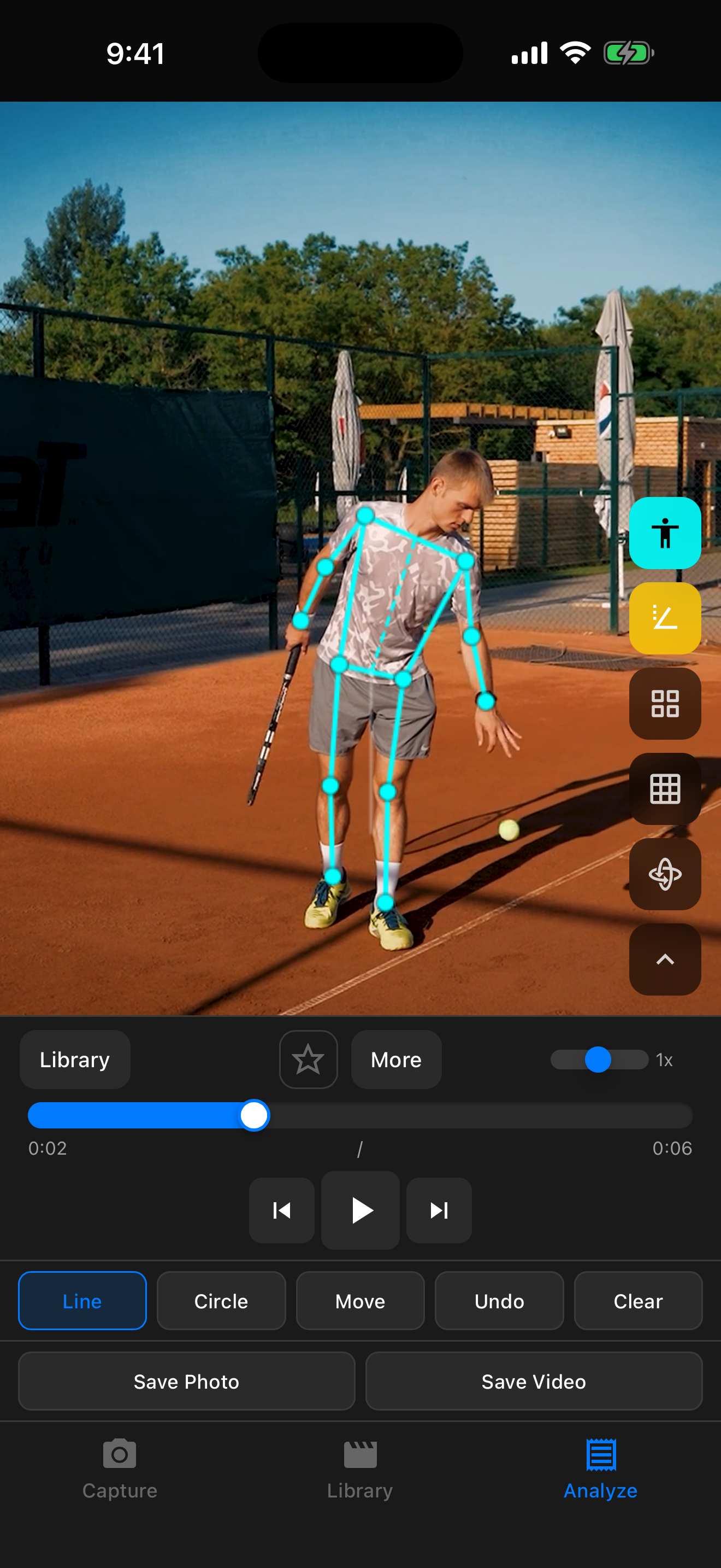 TennisDraw displaying a tennis practice video with a body pose overlay and frame controls