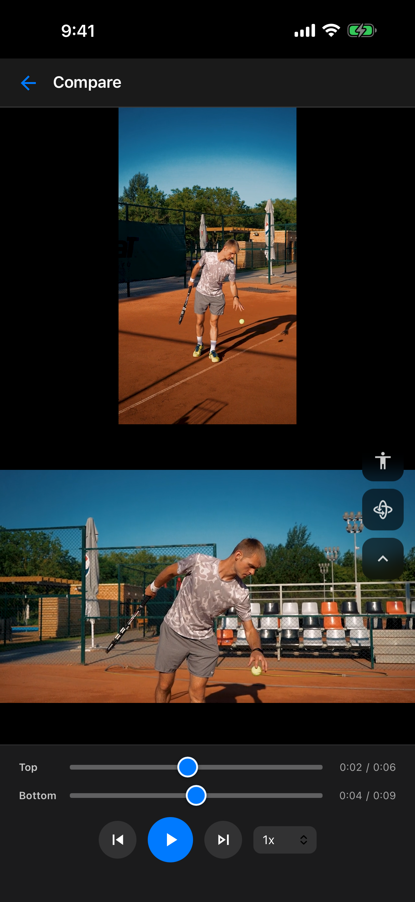 Two tennis clips open in TennisDraw Compare, each with its own timeline